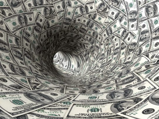 Hundred-dollar bills spiraling into a vortex