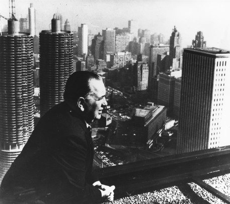 Richard J. Daley viewing the skyline in 1966 from atop the then-new Daley Center
