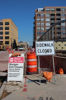 Signs indicating the closure of the Morgan Street bridge