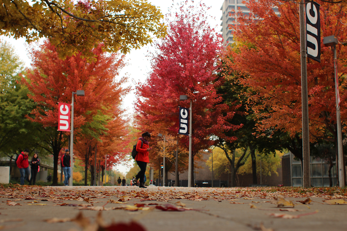 Fall foliage and students walking on campus
