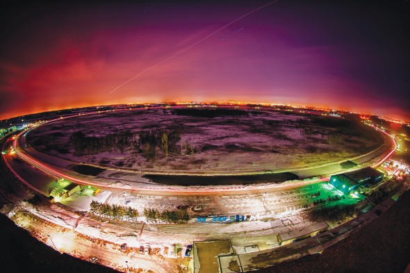 A night photo of Fermilab’s Tevatron collider.