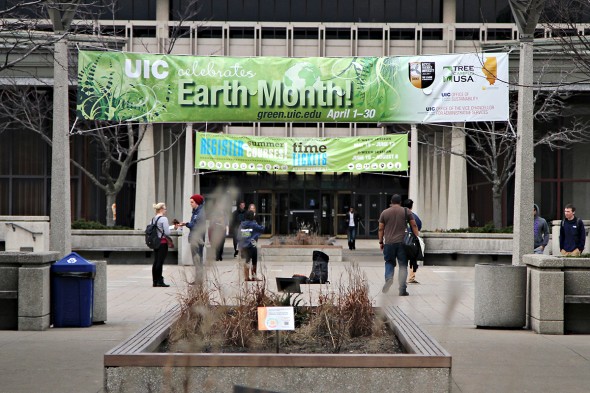 Earth Month banner displayed in the quad