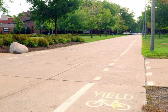 Bike lanes painted on campus sidewalks