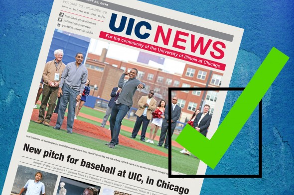 Issue of UIC News and green check mark