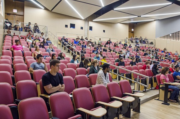 students listen to a lecture in Lecture Center A