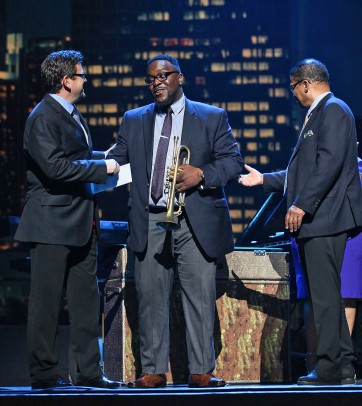 Marquis Hill accepts congratulations at the 2014 Thelonius Monk Competition in Los Angeles. (Click on image for larger file.)