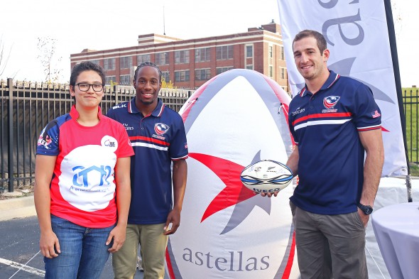 Sandra Schwendeman with USA rugby players Zack Test and Carlin Isles
