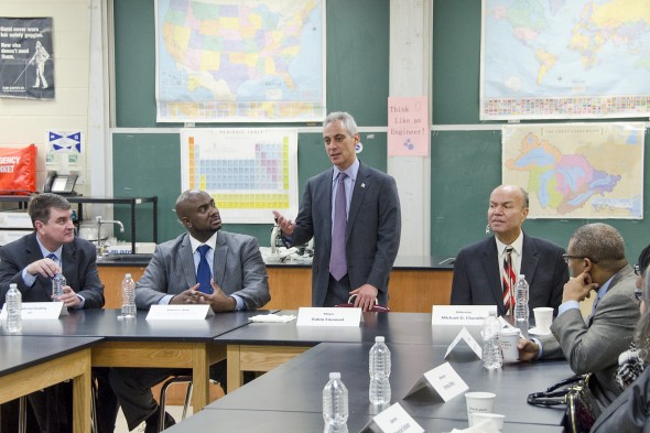 Rahm Emanuel speaks to UIC and North Lawndale leaders. (L-R) Michael Redding, executive associate chancellor of public and government affairs, UIC; Marcus Betts, North Lawndale Presidential Committee;  Chicago Mayor Rahm Emanuel; Ald. Michael D. Chandler, 24th Ward;  Ald.  Walter Burnett, 27th Ward. 