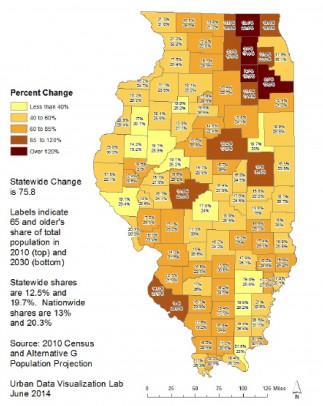 Change in Population 65 and Older in Illinois Counties 2010 to 2030 (Alt G)