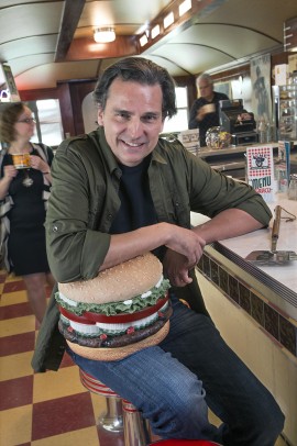 Clint Borucki with a giant hamburger model
