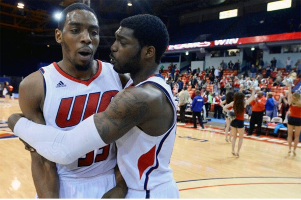 Ahman Fells, Marc Brown after UIC Flames basketball game vs. Wright State in first round of Horizon League tournament, March 3, 2015