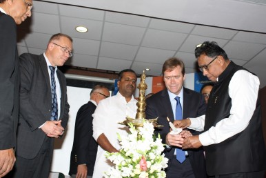 Dr. Terry Vanden Hoek,  head of emergency medicine in the UIC College of Medicine and investigator on the HeartRescue India grant; Dr. Timothy Erickson, head of the UIC Center for Global Health (second from right) and Dr. M. R. Jayaram, Chancellor, M. S. Ramaiah Medical College (far right) commemorate the launch of HeartRescue India at a ceremony in at the medical college in Bangalore.