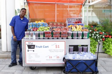 UIC Fruit Cart at Taylor and Wood, in front of the University of Illinois Hospital, partnered with Neighbor Capital and Streetwise.