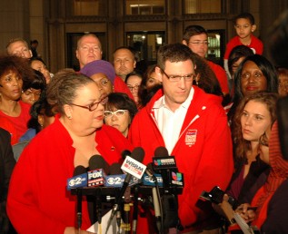 Karen Lewis at a press conference announcing the Chicago Teachers Union strike. 