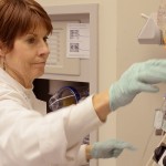 Woman prepares cells for bone marrow transplant