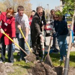 Students, staff and Arbor Day Foundation representatives shovel dirt around a new tree