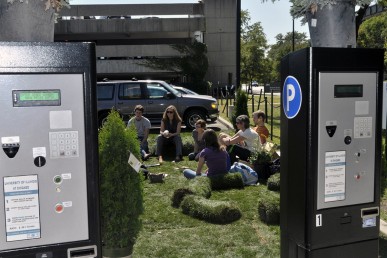Students turn a parking space into a park