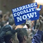 Person holding a "marriage equality now" sign in the crowd