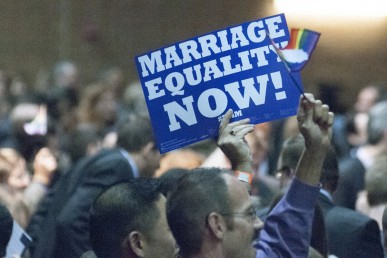 Person holding a "marriage equality now" sign in the crowd