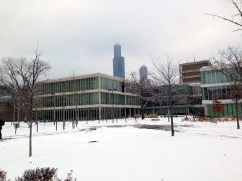 Lecture halls and Sears Tower in snow