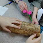 Students measure the damage to a tree trunk done by emerald ash borer.
