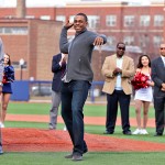 Curtis Granderson throws out the first pitch at the opening of Granderson Stadium