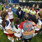 Women’s soccer team huddle up before a game