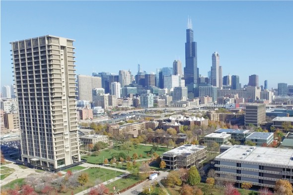 UIC campus looking east towards skyline and University Hall