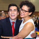 Fourth-year medical student Aaron Case celebrates with third-year student Valeria Valbuena