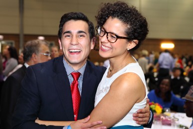 Fourth-year medical student Aaron Case celebrates with third-year student Valeria Valbuena