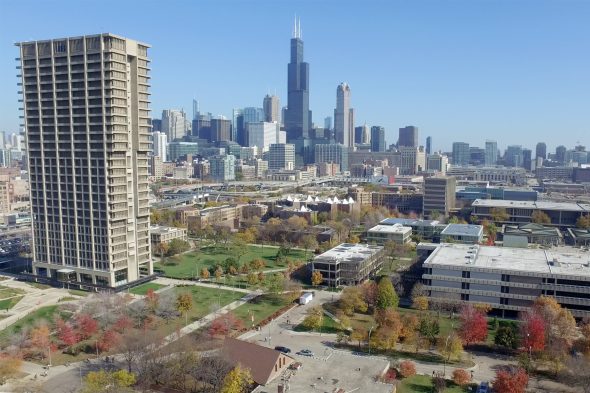 aerial view of campus and Chicago skyline