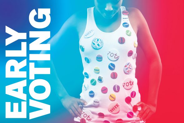 woman wearing tank top covered in "vote" buttons