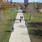 aerial view of students walking on east side
