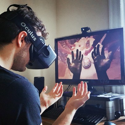 man using virtual reality headset to experience life as Alfred