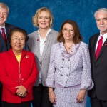 UIC Chancellor Michael Amiridis, Mi Ja Kim, M. Christine Schwartz, Rina Dukor, and UI President Timothy Killeen