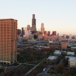 University Hall and other east side buildings with Chicago skyline