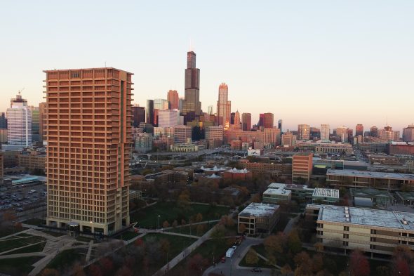 University Hall and other east side buildings with Chicago skyline