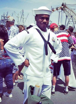Dezmond Mayfield wearing Navy uniform
