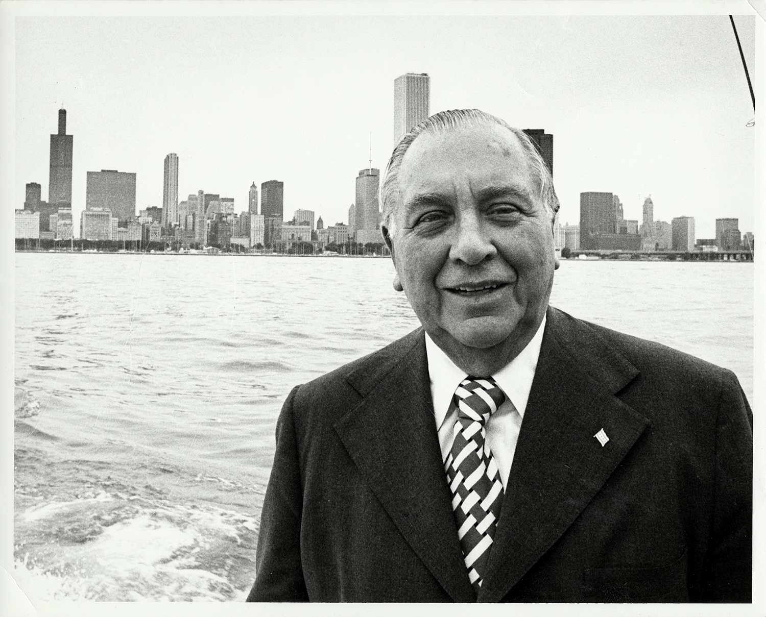 Chicago Mayor Richard J. Daley in front of the Chicago skyline. After Daley died on Dec. 20, 1976 his family donated his papers to the University of Illinois at Chicago.