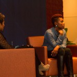 Issa Rae speaking to students on campus