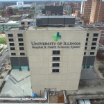 aerial view of University of Illinois Hospital and west side of campus