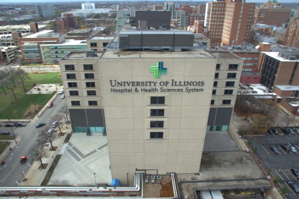 aerial view of University of Illinois Hospital and west side of campus