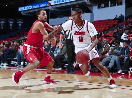 during the second half of UIC vs Stony Brook in the first round of the College Basketball Invitational at the Pavilion on Thursday, March 16, 2017 in Chicago. The Flames defeated the Seawolves 71-69. Photo by John Konstantaras for UIC Athletics | http://JohnKonPhoto.com