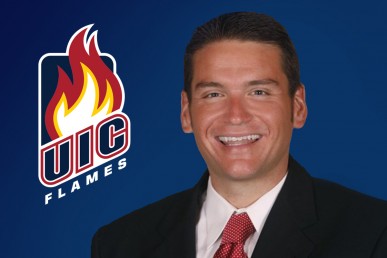 UIC Flames logo and Garrett Klassy portrait