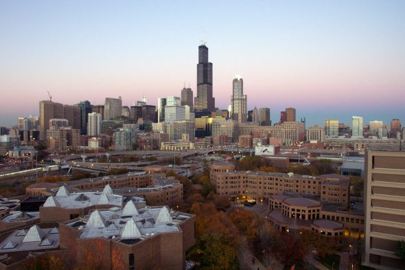 Aerial view of the skyline at sunset from east side.