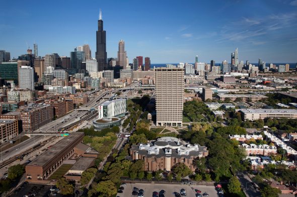 Chicago skyline with east campus in foreground