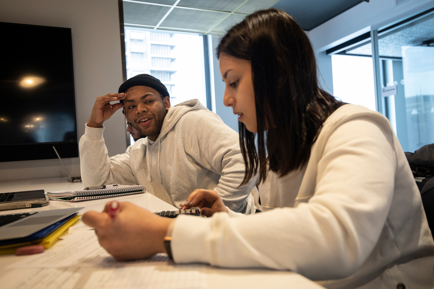 Ricky Foster (LAS '20), left, and Rolla Kattoum (LAS '22) waste no time getting to work on an assignment for their physical chemistry class in the Academic and Residential Complex.