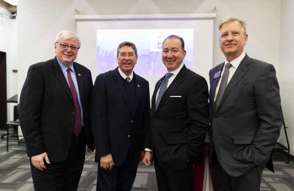 UIC Chancellor Michael Amiridis, Juan José Cabrera-Lazarini of Monterrey Institute of Technology, University Trustee Ramón Cepeda and Vice Provost for Global Engagement Neal McCrillis attend a welcome meeting announcing UIC’s partnership with Monterrey Tec. 