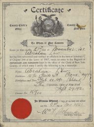 Dr. Abraham Low, founder of IPTC, New York Clerk Office Certificate. Medical license, September, 21, 1929.