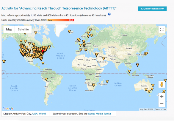 Map showing locations of viewers who watched the "Advancing Research Through Telepresence Technology" video as part of the 2020 STEM for All Video Showcase.